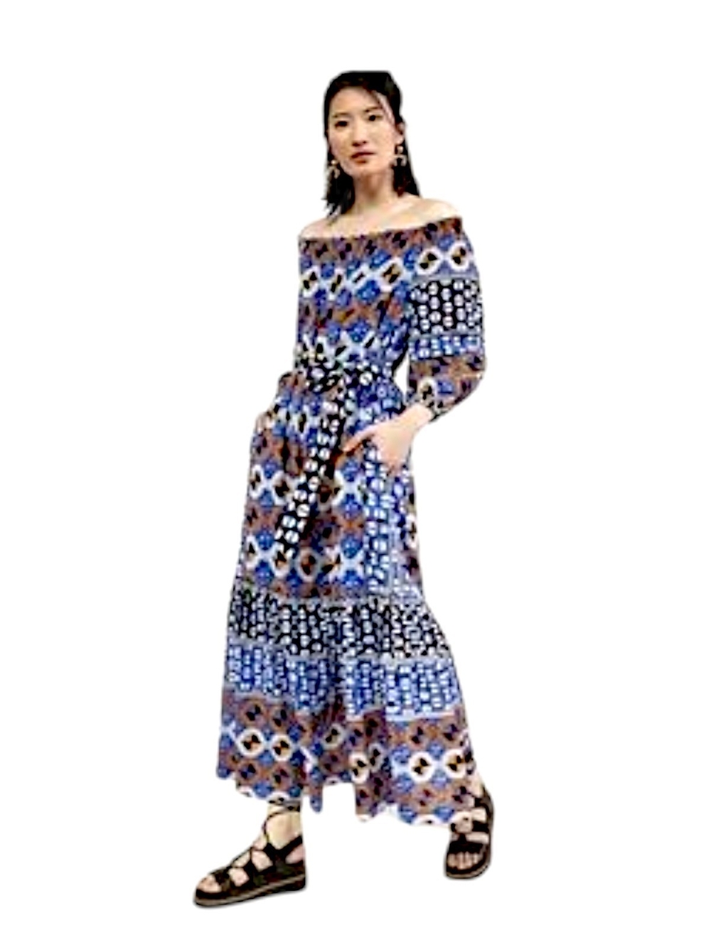 Anthropologie Blue Multi-Print Off-the-Shoulder Maxi Dress Size Medium